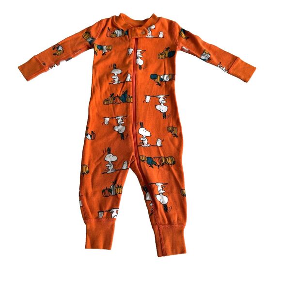 Hanna Anderson Orange Peanuts Snoopy Pumpkin Sleeper Organic Cotton Pajama 6-12M - Picture 1 of 7